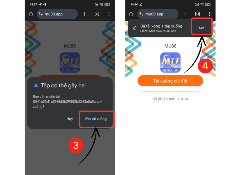 hướng dẫn tải app ndroidd mu88 bước 3 và 4